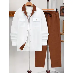 Men's Solid Button Front Longsleeves Shirt & Drawstring Waist Pants Set, Regular Fit Long Sleeve Lapel Neckline Top & Pocket Trousers, Men's 2 Piece Set, Casual Fashion Cozy Breathable Men Two-piece Clothing Menswear for Fall & Winter, Formal Clothes