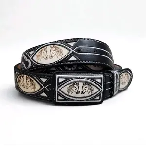 Horse Engraved Leather Belt with Artisanal Embroidery for Men Classic Cowboy Style Authentic Look
