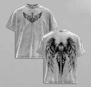 Arcangel Saint Michael T-Shirt Washed Holy Warrior Angel Graphic Shirt Sword and Wings Vintage Washed Top Christian Gothic Streetwear Outfit Church Gym Pump Cover Jesus Apparel
