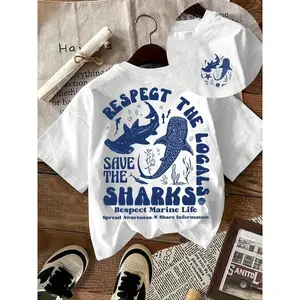 Women's shark print round neck T-shirt, spring and summer casual short sleeved round neck T-shirt, and daily fashionable women's topRAIMENTRY
