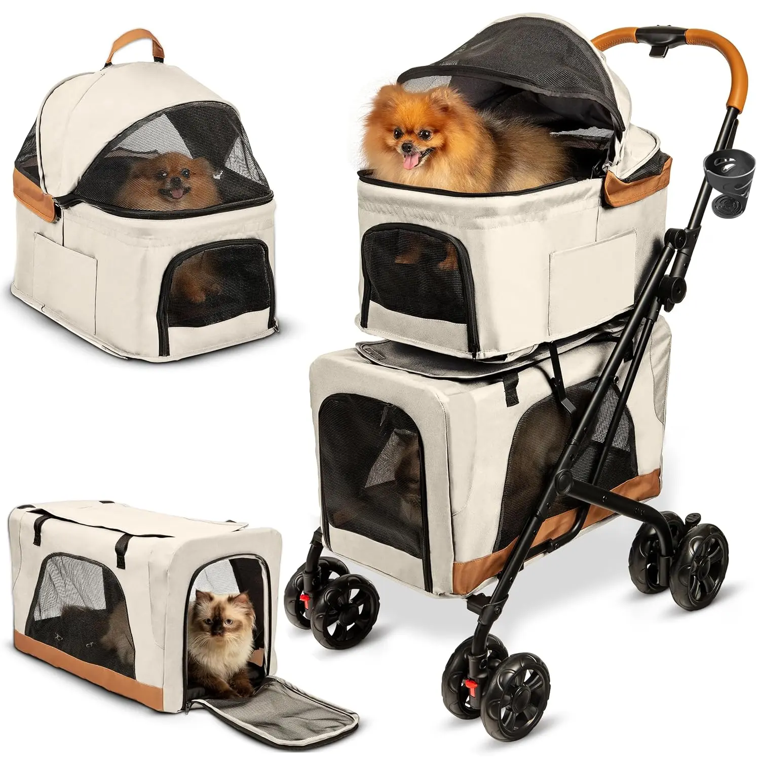 OMNIRA Double Pet Stroller with Detachable Carriers - 4-in-1 Compact Double Dog Stroller for 2 Medium Small Dogs and Cats - Foldable Travel System with Storage, Cosmic Beige