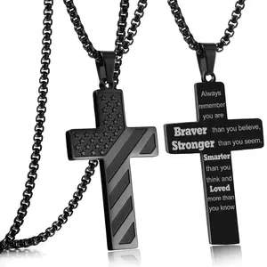 Patriotic Cross American Flag Necklace for Christian Men Celebrating Faith Baptism Communion Graduation and Father's Day