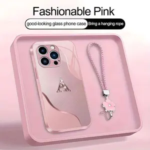 Wave Art 26 letter Phone Case, Suitable for [iPhone 15 Pro] high-end women's, Lanyard a beautiful four-leaf clover lanyard is included🍀 952