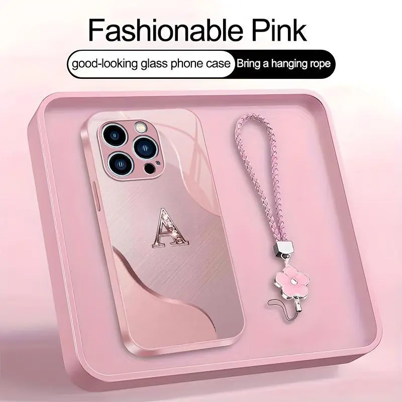 Wave Art 26 letter Phone Case, Suitable for [iPhone 15 Pro] high-end women's, Lanyard a beautiful four-leaf clover lanyard is included🍀 952