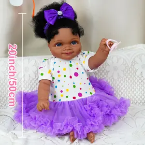 VACOS 20inch Reborn Baby Doll: Soft vinyl body, white top with colorful polka dots, purple tutu skirt, curly hair with big purple bow, deep blue eyes— gift ideal for birthdays & holidays!