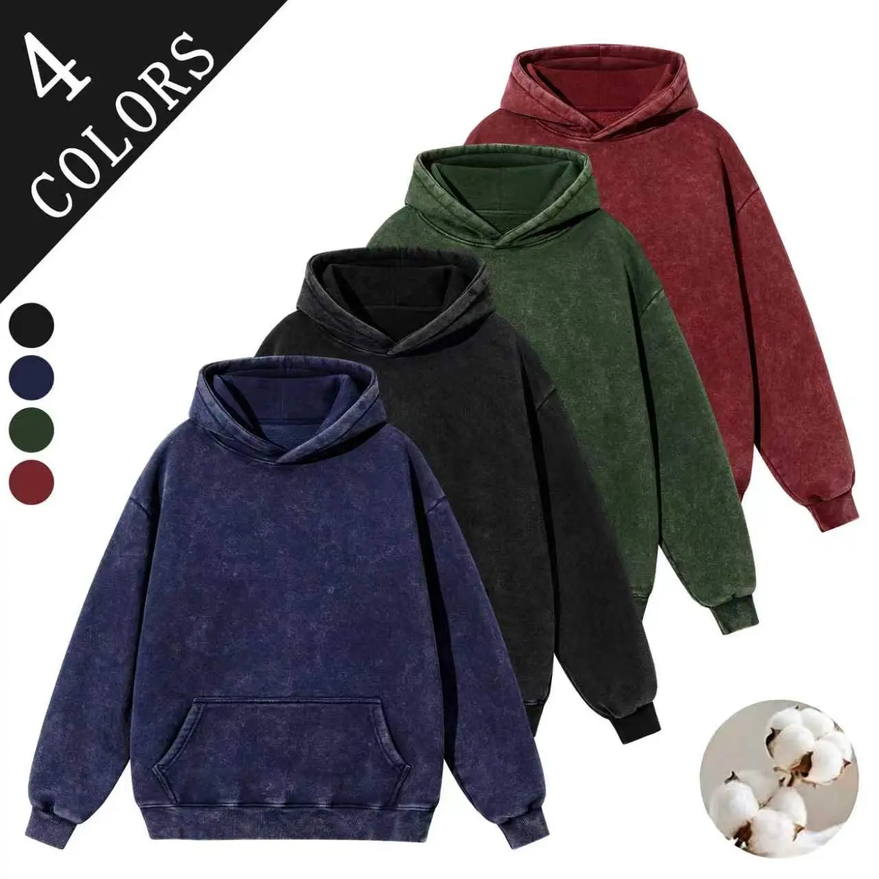 Men’s American vintage washed distressed pure cotton hooded sweatshirt, spring/autumn heavyweight loose solid color kangaroo pocket casual hoodie