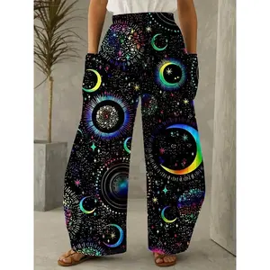 Women’s plus-size starry sky print wide-leg pants, casual loose fit, Christmas pattern, suitable for all seasons GARMENTARY