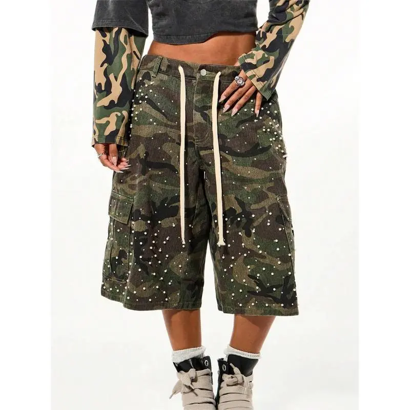 Camouflage cargo shorts, adorned with pearls and rhinestones, wide-leg shorts, suitable for festival street wear, summer style