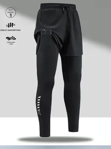 A set of fake two piece high elastic quick drying sports pants for fitness and training, suitable for men who like to lift iron. The pants are designed to be tight and feature a phone storage pocket. The fabric is double layered with a drawstring waist. I