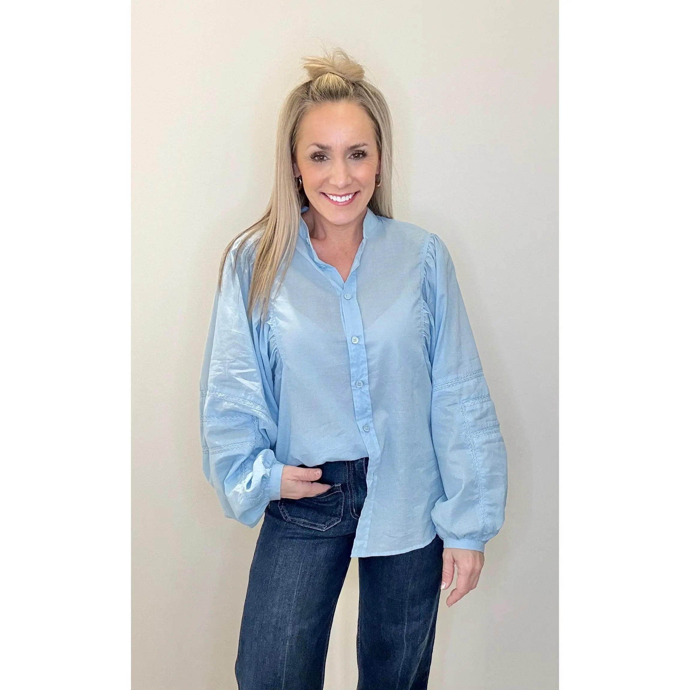 Women's Lightweight Sky Blue Cotton Voile Casual Top Shirt with Long Puffed Sleeves, Mandarin Collar, and Lace Button-Up Front