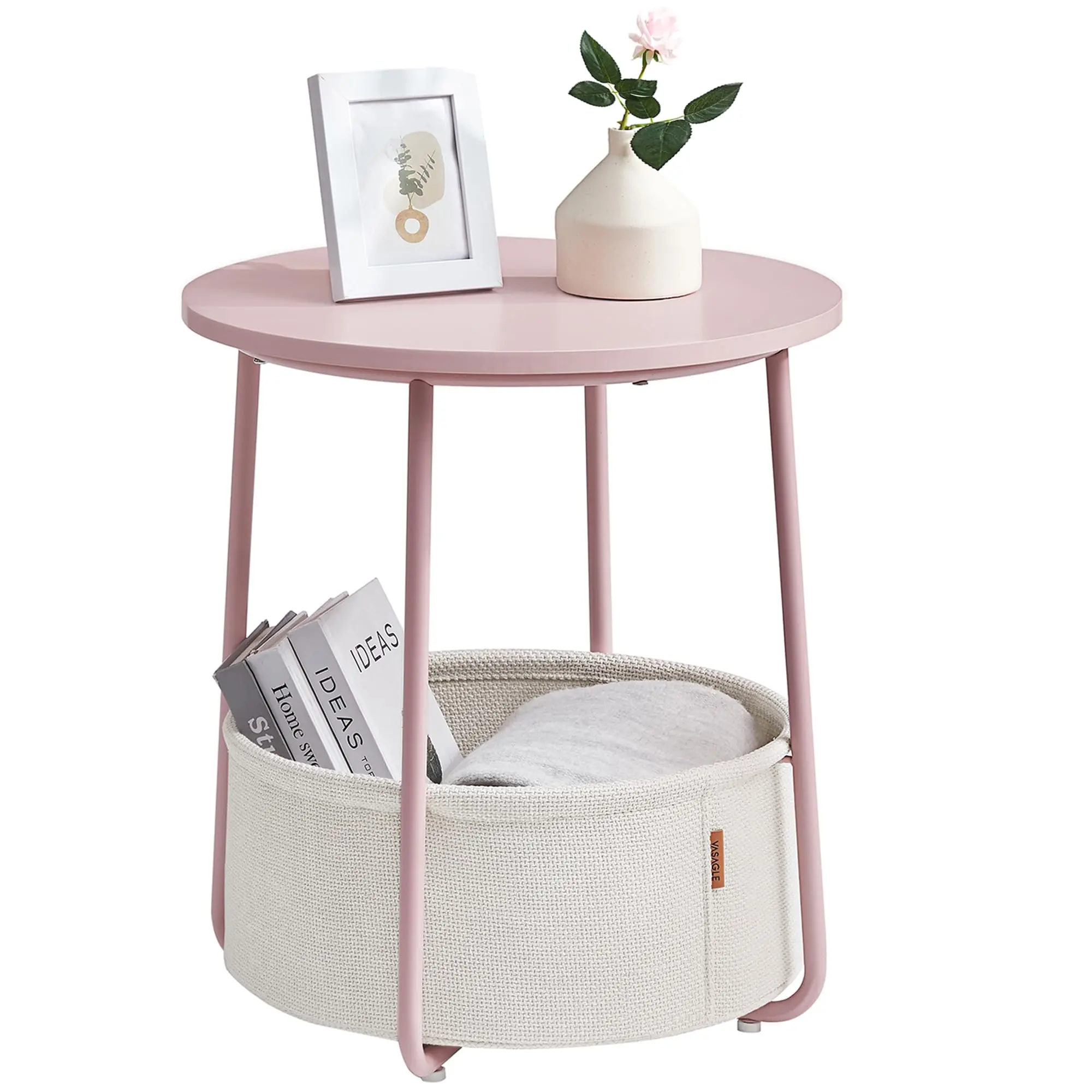 Small Round Side End Table, Modern Nightstand with Fabric Basket, Bedside Table for Living Room Bedroom