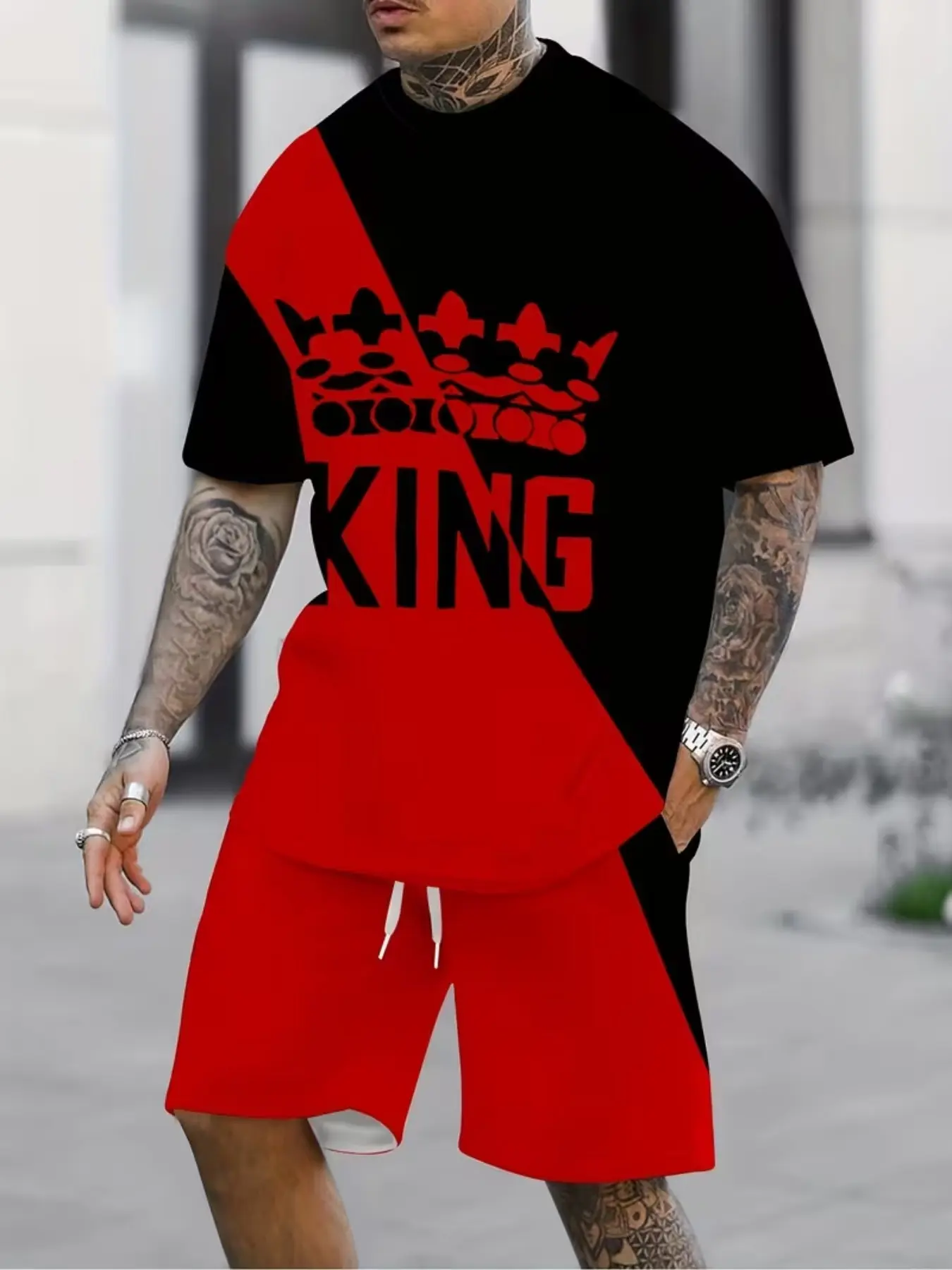 Men's Blue Colorblock King Set, Short Sleeve Tee & Track Shorts, Crown Design, Casual Fitted Style, Geometric Pattern, Casual Outfit Set, Clothes, Menswear