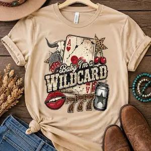 Women's Cotton Breathable Western Graphic T-Shirt - "baby I’m a wild card" Print, Rhinestone Accents, Cowgirl Cute Design, Womenswear