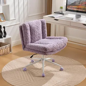 W26.4" Wide Seat Office Chair, Artificial Rabbit Hair Home Office Chair with Metal Base, Adjustable Swivel Desk Vanity Chair, Cream/Pink/Violet