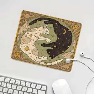 Sun-Moon Double Cat Astrology Mysterious Style Square Mouse Pad, Mysterious Aesthetic Desktop Decoration Protection Pad, Rubber Non-Slip Lock Edge Small Size Pad, Suitable For Laptop Desktop Games Work, Ideal Mysterious Aesthetic Gift For Family And Frien