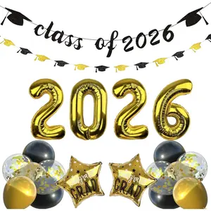 Graduation Decorations 2026, Class of 2026 Black and Gold Graduation Decorations Set with 2026 Number Balloon, Star Foil Balloons, Grad Banner and Cap