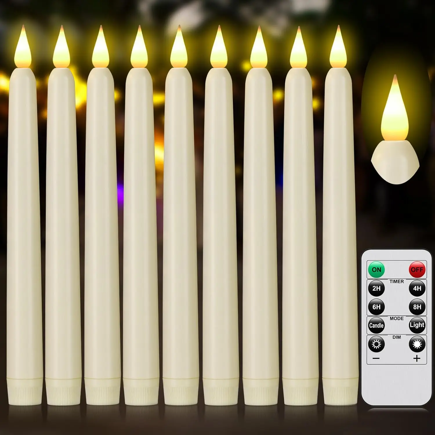 9 Flameless Taper Candles, 9.6x0.8in Synthetic LED Candlesticks with Remote Control, Timer, Flickering 3D Flame & Auto Shut-Off, Long Life Indoor Lights for Christmas, Wedding Decor