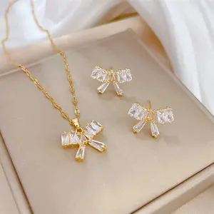 Gold Tone Cross Necklace and Earrings Set for Women Fashion Jewelry
