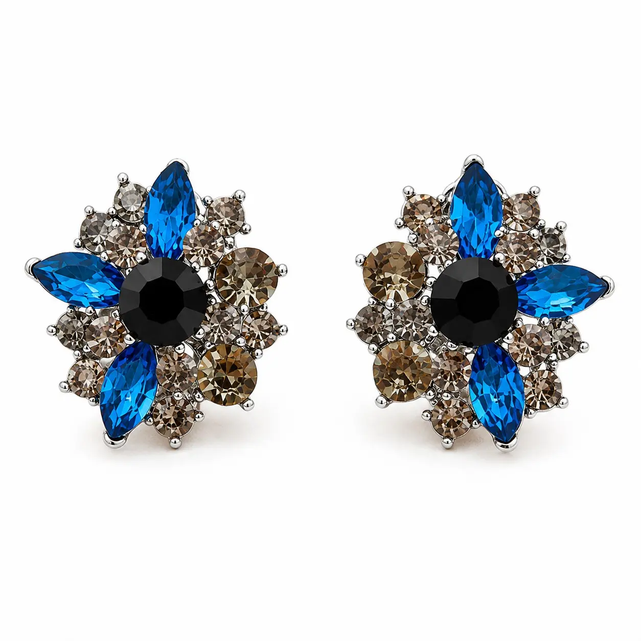 Valore&Co Blue and Black Floral Cluster Statement Stud Earrings with Acrylic Accents, 1 Pair