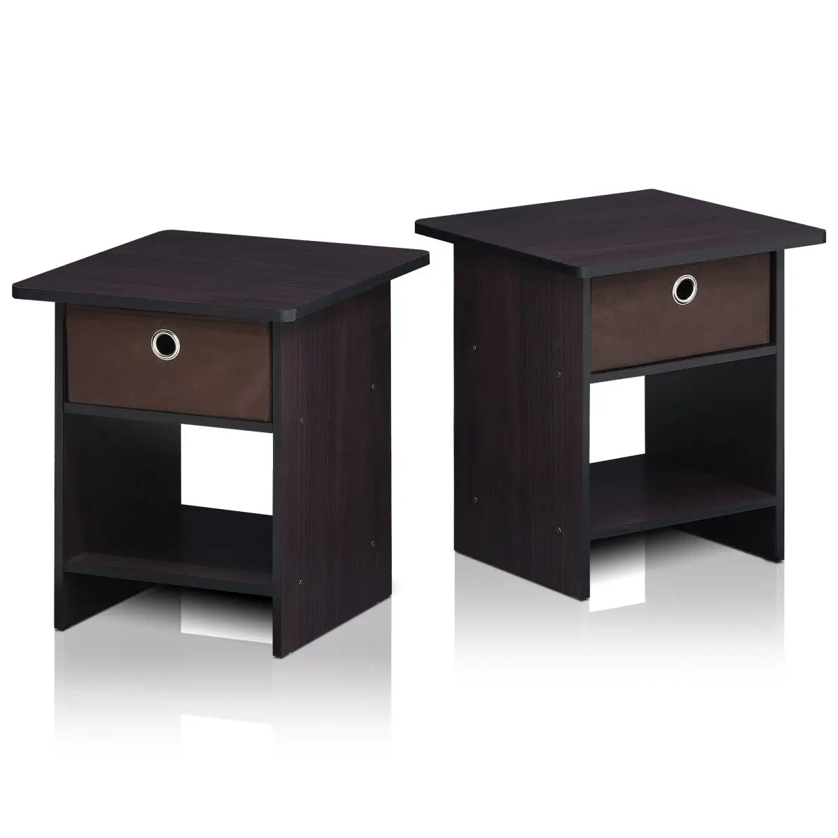212 MAIN Set of 2 Dark Walnut End Tables with Storage Shelf and Bin Drawer, Stylish Recycled Wood Night Stands for Living Rooms, Bedrooms