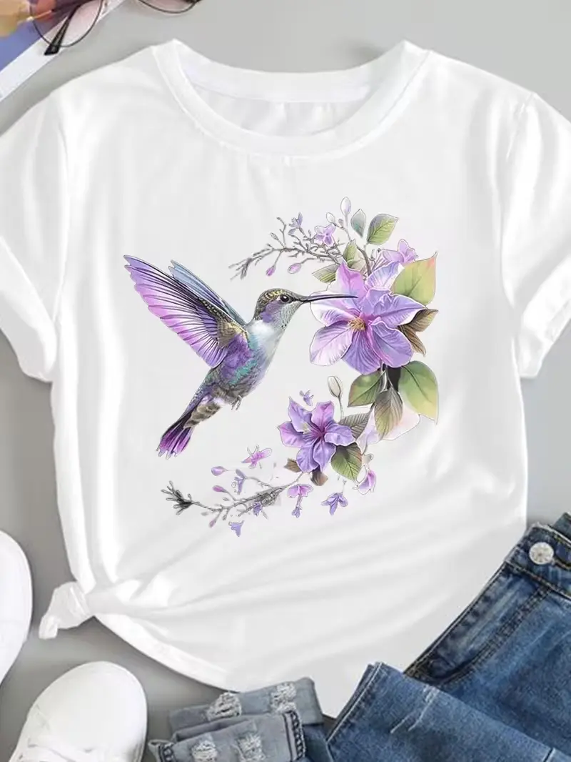 Vintage Hummingbird & Purple Flower Graphic Print Women's Casual T-Shirt