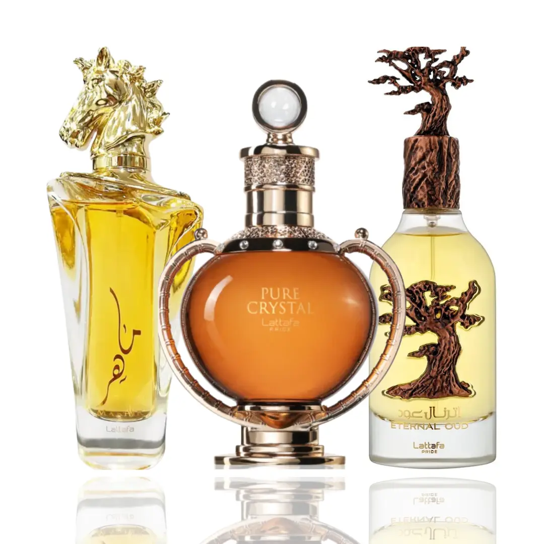 Lattafa Unisex 3-Piece EDP Spray Pre-Packed Bundle Set - Maahir Gold, Eternal Oud, Pure Crystal Fragrances with Sweet Floral, Bright Citrus, Amberwood Patchouli Notes (Juicy, Multi-Scent Unisex Fragrance)