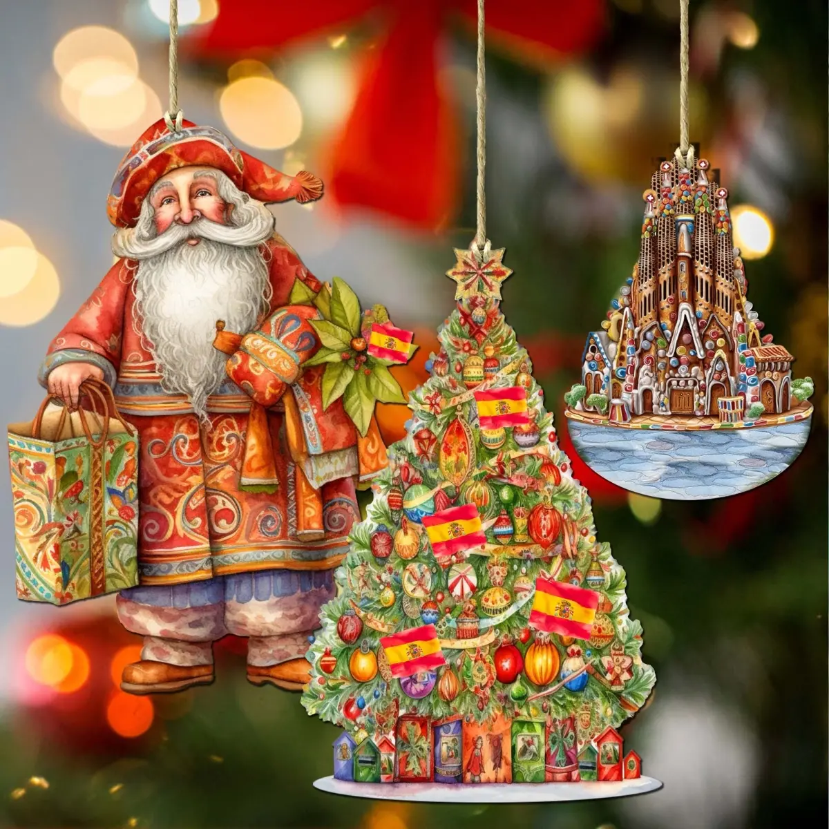 Designocracy 8091305S3 4.5x3 in. Mexico-Themed Christmas Decor Wooden Santa Ornaments, Set of 3, Christmas Tree Decor, Festive Home Gift