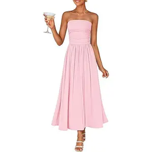 ZESICA Women's Summer Sleeveless Midi Dress 2026 Strapless Ruched A Line Flowy Wedding Guest Party Beach Long Dresses