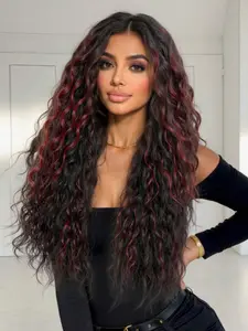 28 Inch Ombre Wine Curly Hair Extension, Wavy Synthetic Extensions Hairpiece, High Temperature Fiber Full Head Set, Natural Look for Women