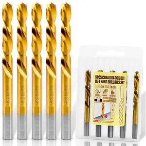 5 count 1/4" M35 Cobalt Left Hand Drill Bits Set for Removing Broken Stubs,  and Screws, Reverse Twist Drill Bits