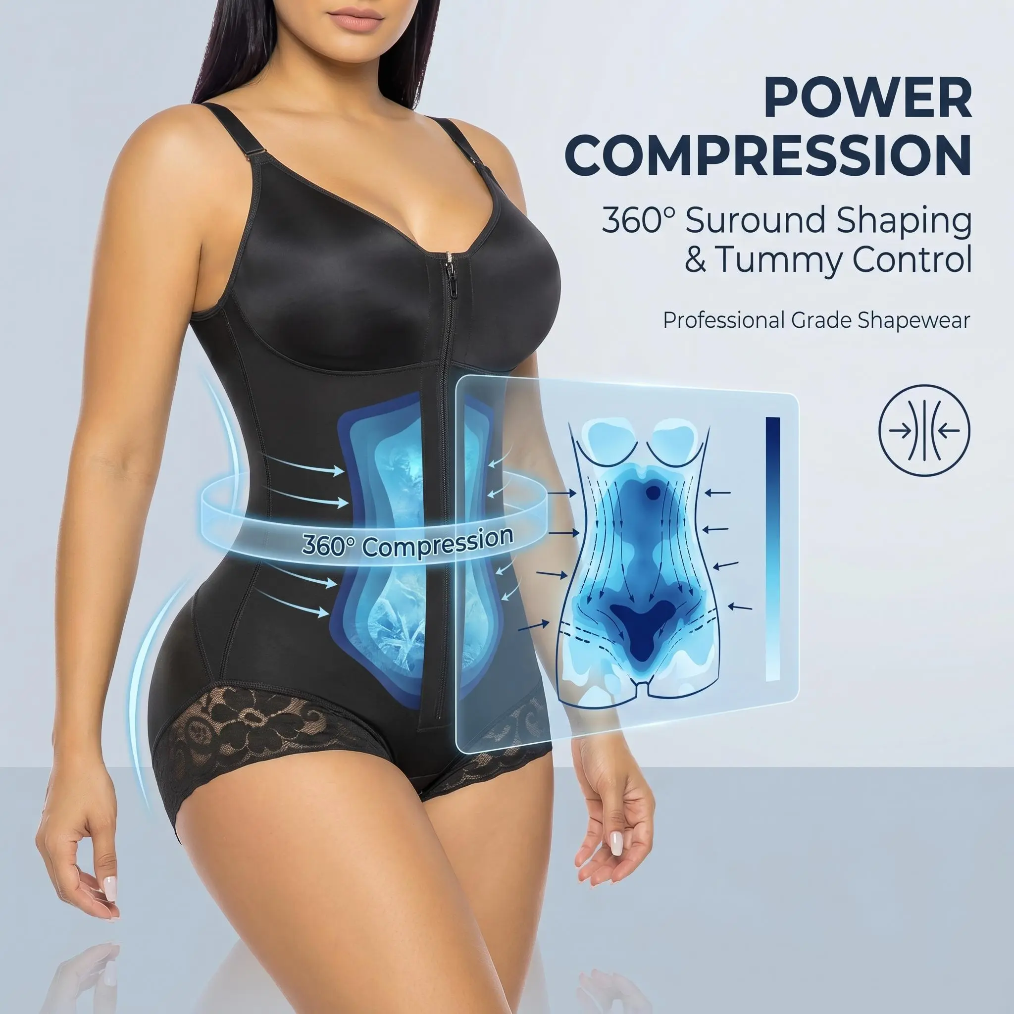 Plus Size Fajas Colombianas Front Zipper High Compression Tummy Control Bodysuit Lace Butt Lifter Hourglass Shapewear with Bra Cup