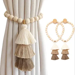 Boho Style Tassel Curtain Tieback, 2 Counts Wooden Bead Curtain Tieback with Magnetic Holder, Curtain Accessories for Home Living Room Bedroom Decor Window Decorations Supplies