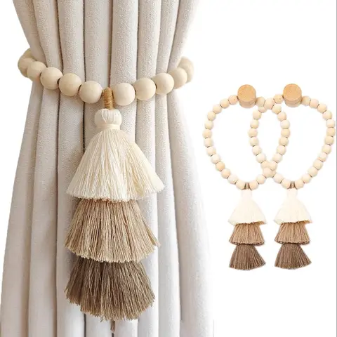 Boho Style Tassel Curtain Tieback, 2 Counts Wooden Bead Curtain Tieback with Magnetic Holder, Curtain Accessories for Home Living Room Bedroom Decor Window Decorations Supplies, Curtain Tie Backs For Curtains