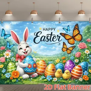 1PC,2D Flat Customize Backdrop Easter Decoration Backdrop, Festival Party Photography Background, Cute Rabbit Easter Egg Butterfly Themed Backdrop, Photo Background for Kids' Activities, Background Cl