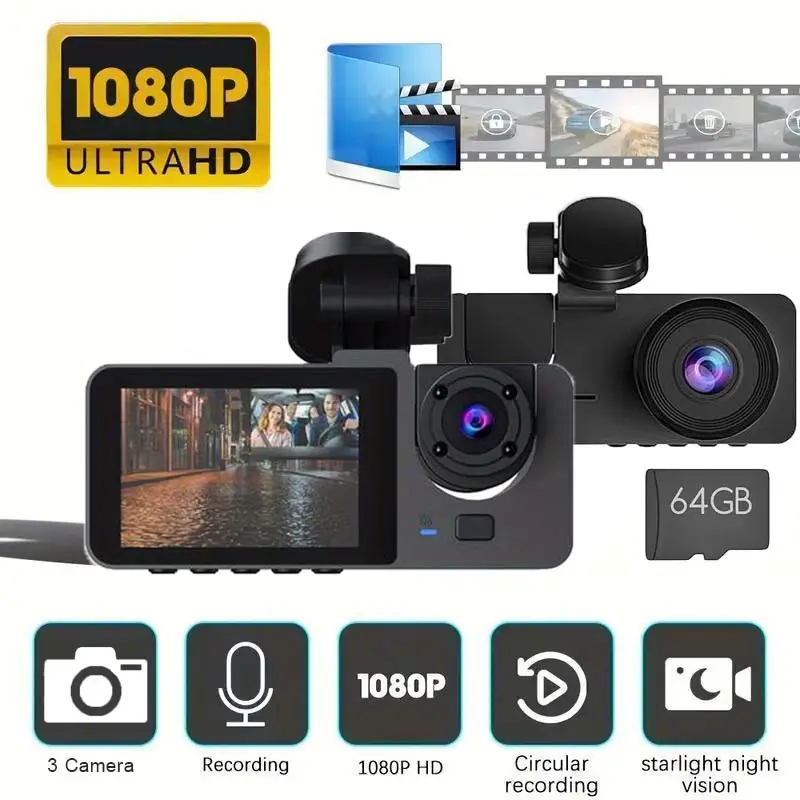 HD Car DVR with Dual Lenses, Loop Recording and 64GB Memory Card, Car Rear View Camera, Driving Recorder