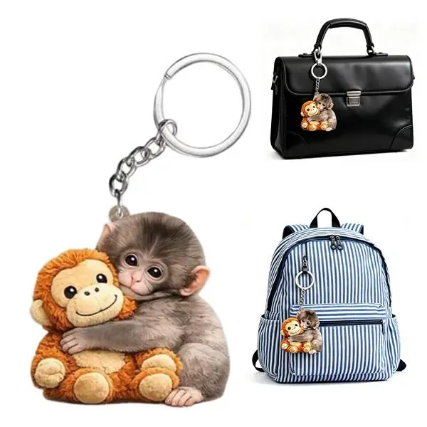Cute Acrylic Orangutan-Hugging Punch Monkey Keychain - 3D Animal Motif Key Charm, Birthday Gift Accessory for Backpacks, Car Keys, Keychains Cute