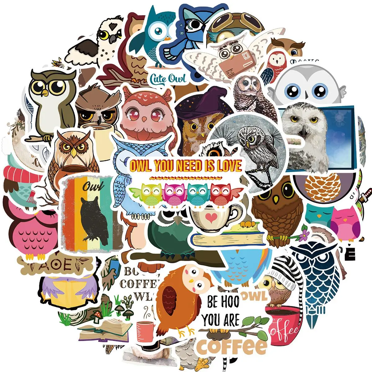 Cartoon Owl Pattern Sticker, 50pcs/set Cute Kawaii Vinyl Waterproof Decal Sticker for Water Bottles Bicycle Laptop Luggage Computer Mobile Phone Skateboard Bike, Decorative