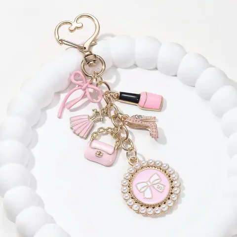 Elegant High Heel Lipstick Heart Keychain, Keychain for Bags, Bow Oil-Drop Charm, Car Bag Hanging Ornament, Gift for Friends and Family, Trendy Cute Keychain, Heart Design Keychain