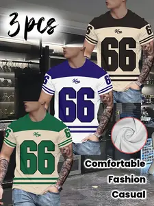 Men's 3pcs Sporty Digital Print T-Shirts with Contrast Stripe Design, Casual Short Sleeve Sports Tee Set, Sportswear