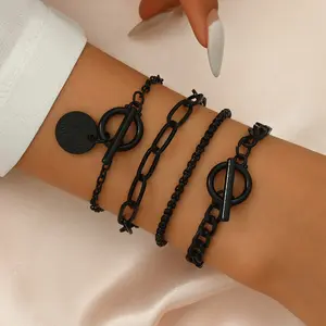 4Pcs Black Stackable Bracelet Set - Chic T-Bar Clasp Women Fashionable Minimalist Chain Vintage Black Iron Handmade Geometry Bracelet Round Pendant Chain Set Party Jewelry