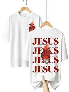 Men's Oversized 100% Premium Cotton Relaxed Fit Short-Sleeve Round Neck T-Shirt - Menswear, Streetwear, Double-Sided Sacred Heart of Jesus Print, Breathable Fabric Graphic Tee apparel t-shirt gift fashion men trendy casual wear unisex soft