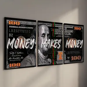 3 Counts/set Wooden Framed Money Makes Money Canvas Posters, Money Wall Art, Inspirational Dollar Bill Pop Art, Wall Decor Living Room, Bedroom, Office, Dorm, Perfect Gift for Friends and Family, Waterproof Canvas, Wall Decor, Ready To Hang