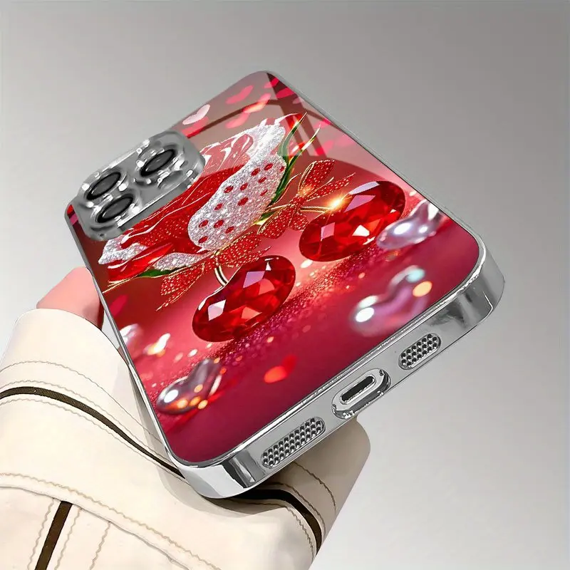iPhone 16 Pro Max, 16 15 Pro 14 PLUS/ 14 Pro Max 13 13 Pro 12 Pro 11/ 11 Pro Pro Max Beautiful Red Cherry Blossom Diamond Rose Pattern Phone Case, Comes with HD Glass Protective Case and Lens Protector