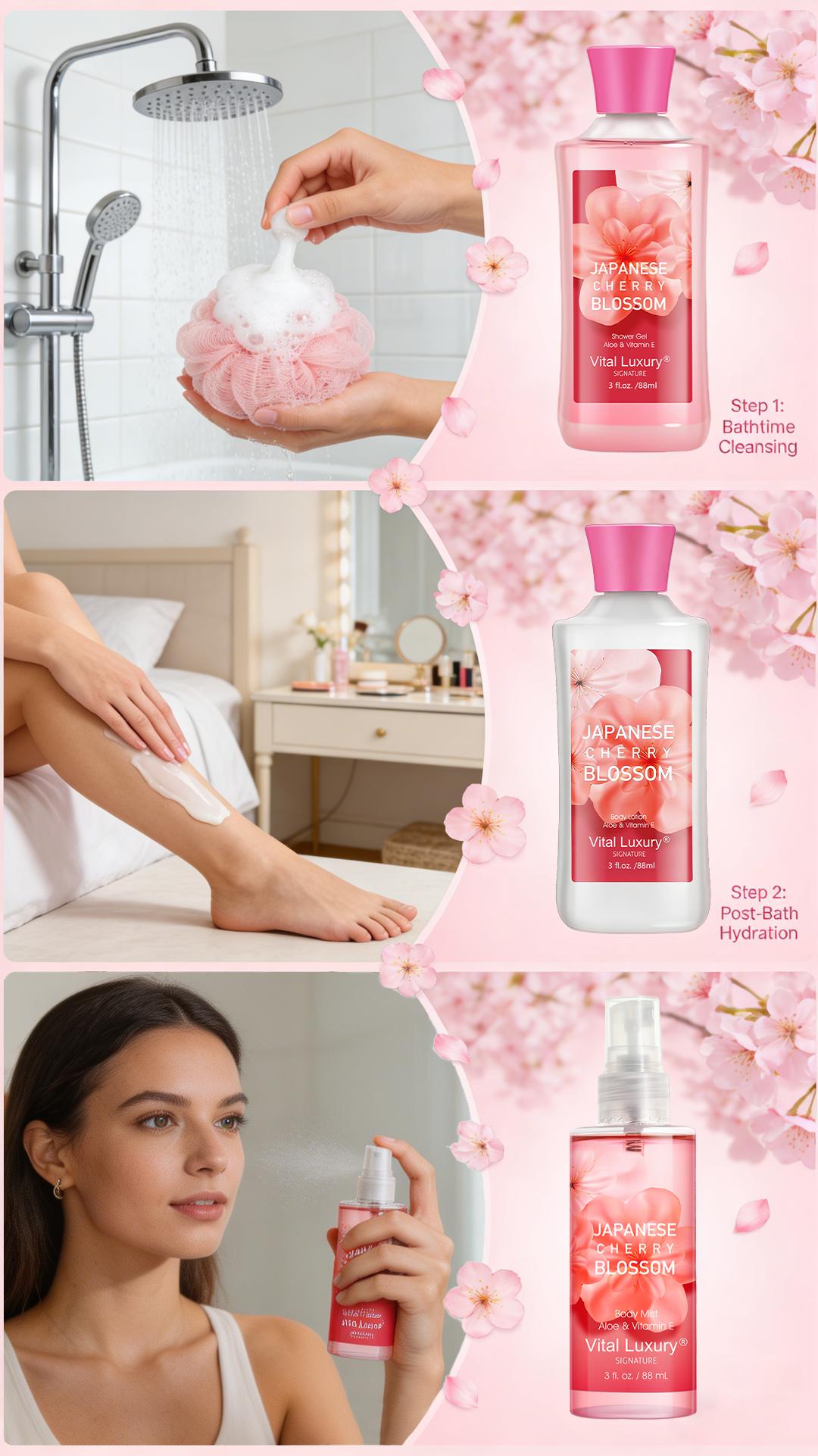 Mother's Day Gift-Vital Luxury Japanese Sakura Bath &Body Travel Set  – 3oz Shower Gel, 3oz Body Lotion, 3oz Body Mist | Silky Lather, All-Day Freshness, Moisturizing & Revitalizing | Ideal Gift for Mom, Wife, Sister & Girlfriend