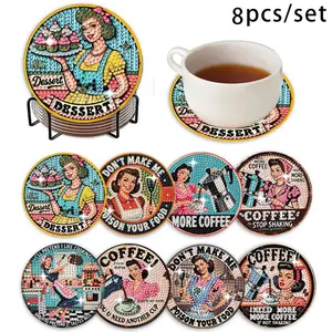 8pcs/set DIY Diamond Painting Coasters Set, Multi-Design Bright Ab Crystals, Perfect Desktop Decor Gift, Includes Iron Cup Holder