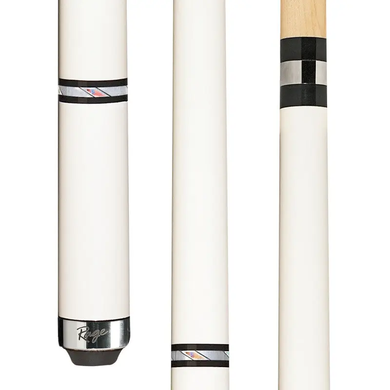 RAGE Modern Hard Rock Maple Billiard Cue for Adults with a Metallic White Finish, Wrapless Grip, Implex Joint, and Decorative Ring Bands, Billiards & Snooker, Cues, Metallic White Forearm And Butt