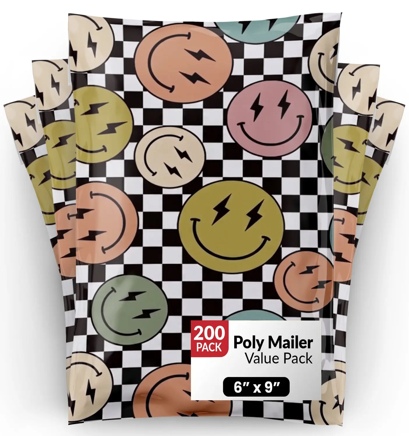 Package Mint Poly Mailers 6x9 - 200 Pack Smiles Checkerboard Design Poly Mailers Shipping Bags - Waterproof, Tear-Resistant, Self-Adhesive Seal - Decorative Mailing Envelopes for Clothes, Accessories