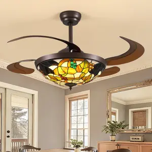 48" Tiffany Ceiling Fan with LED Light Chandelier Fan APP/Remote 4 Retractable Blades 6 Speeds Dimmable for Bedroom Living Room