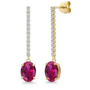 14K Yellow Gold Gemstone Birthstone and White Lab Grown Diamond Long Liner Dangle Earrings for Women | Oval Cut 9X7MM | Round 1.5MM | Yellow Gold Chain Drop Earrings