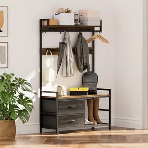 5-in-1 Entryway Hall Tree with Shoe Bench, 3-Tier Shoe Storage, 2 Fabric Drawers Coat Rack with 23 Hooks Hanger Rod, 250LB Capacity Rustic Metal Frame Anti-Tipping Design for Hallway Bedroom